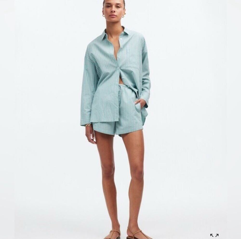 Madewell Two Piece Oversized Poplin 100% Cotton Set Size Small Green Striped